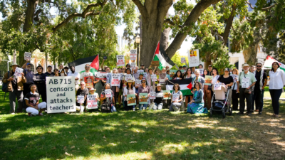 A diverse coalition denounces the pro-Israel "classroom censorship" bill (AB 715) at a capitol press conference and rally.
