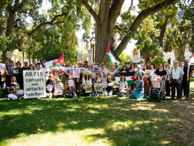 A diverse coalition denounces the pro-Israel "classroom censorship" bill (AB 715) at a capitol press conference and rally.