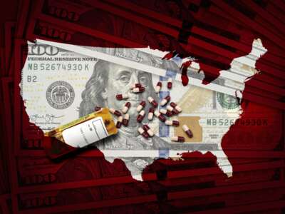 RX pharmacy prescription bottle of pills on a pile of $100 bills and a USA outline