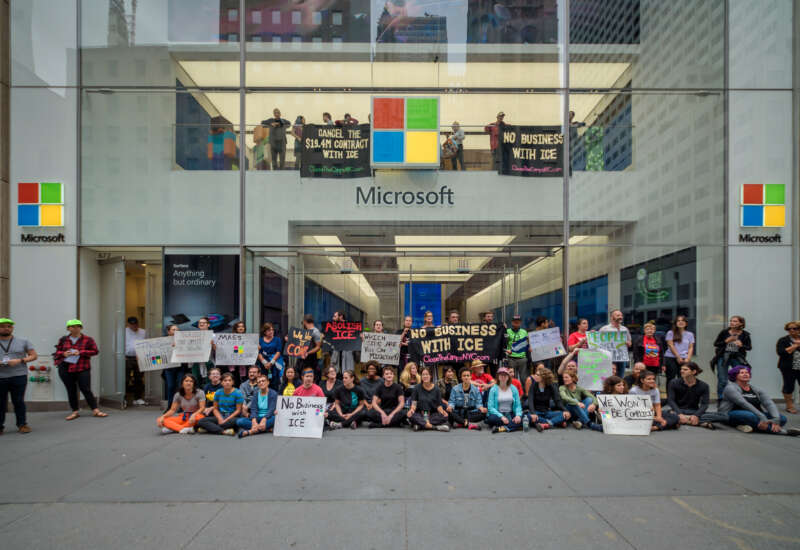 Anti-ICE protesters demonstrate at a Microsoft retail store in Manhattan, New York City, in an act of nonviolent civil disobedience on September 14, 2019.