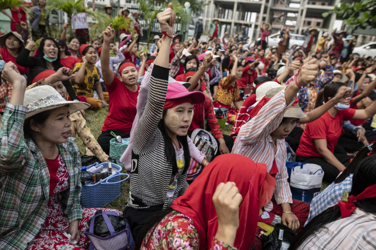 Workers from Tai Yi footwear factory protest at the labour office in Hlaing Thar Yar Township, outskirt of Yangon, Myanmar, on February 24, 2020.