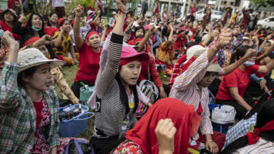 Workers from Tai Yi footwear factory protest at the labour office in Hlaing Thar Yar Township, outskirt of Yangon, Myanmar, on February 24, 2020.