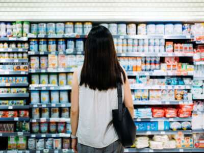 Rear view of a young Asian mother with a shopping cart grocery shopping for baby products in a supermarket