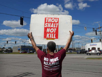 Sylvester Edwards expresses his opposition to the death penalty during a protest near the Federal Correctional Complex where Daniel Lewis Lee is scheduled to be executed on July 13, 2020, in Terre Haute, Indiana.