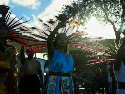 Indigenous demonstrators gather to protest an anti-immigration law signed by Florida Gov. Ron DeSantis, in Miami, Florida, on June 4, 2023.