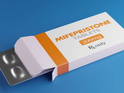 Mifepristone tablets in a box.