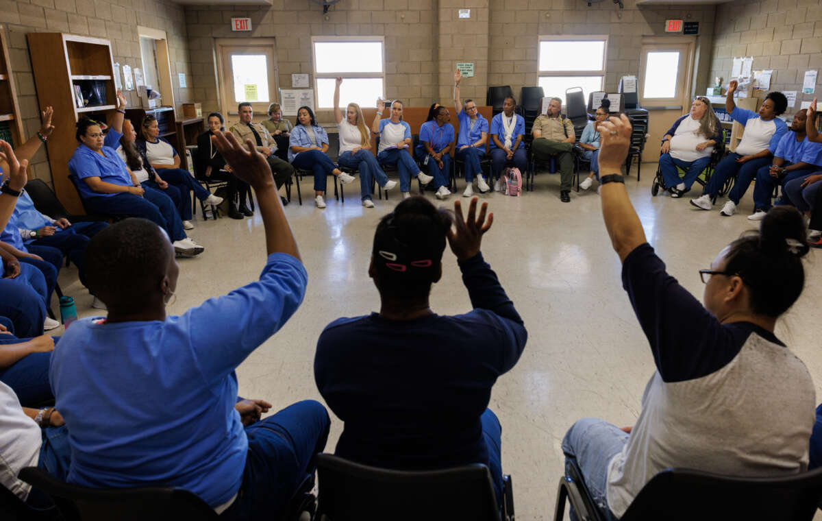 Huddled in a circle in a drab classroom at the Central California Women's Facility, two dozen incarcerated women talk about trauma and how it helped put them behind bars on June 18, 2024, in Chowchilla, California.