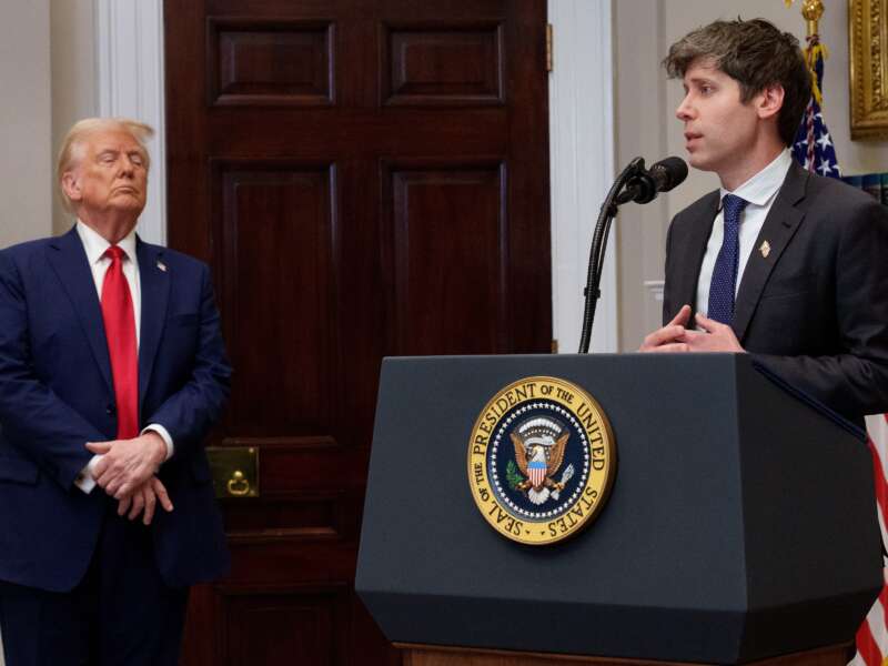 OpenAI CEO Sam Altman, accompanied by President Donald Trump, speaks during a news conference in the Roosevelt Room of the White House on January 21, 2025, in Washington, D.C.