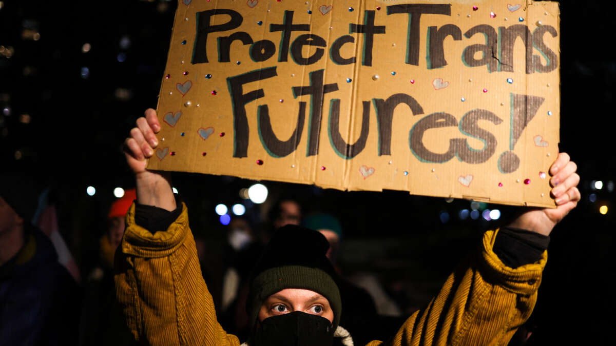 Hundreds of people protested in New York City, on February 3, 2025, against U.S. President Donald Trump's executive order signed January 28, 2025, to restrict gender transition procedures for people under the age of 19, and reports of a local hospital group cancelling appointments for young people in response.
