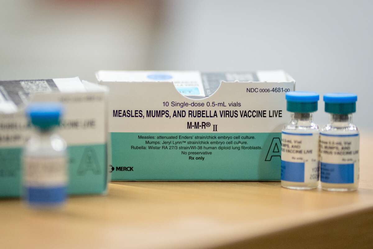 Boxes and vials of the measles, mumps, rubella virus vaccine at a vaccine clinic put on by the Lubbock Public Health Department on March 1, 2025, in Lubbock, Texas.