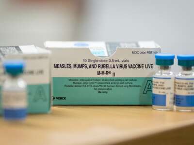 Boxes and vials of the measles, mumps, rubella virus vaccine at a vaccine clinic put on by the Lubbock Public Health Department on March 1, 2025, in Lubbock, Texas.