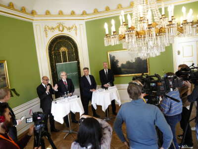 (L-R) The executive secretary of the United Nations Framework Convention on Climate Change (UNFCCC) Simon Stiell, the President of COP29 Mukhtar Babayev, Denmark's Climate Minister Lars Aagaard, and Brazil's UN COP30 president André Corréa do Lago are pictured prior to The Copenhagen Climate Ministerial meeting in Copenhagen, Denmark, on May 7, 2025.