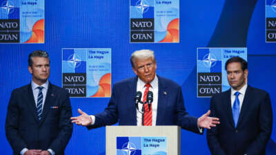 U.S. President Donald Trump, U.S. Defense Secretary Pete Hegseth, and U.S. Secretary of State Marco Rubio attend a press conference during the 76th NATO Summit in the World Forum in The Hague, Netherlands, on June 25, 2025.