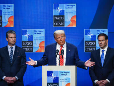 U.S. President Donald Trump, U.S. Defense Secretary Pete Hegseth, and U.S. Secretary of State Marco Rubio attend a press conference during the 76th NATO Summit in the World Forum in The Hague, Netherlands, on June 25, 2025.