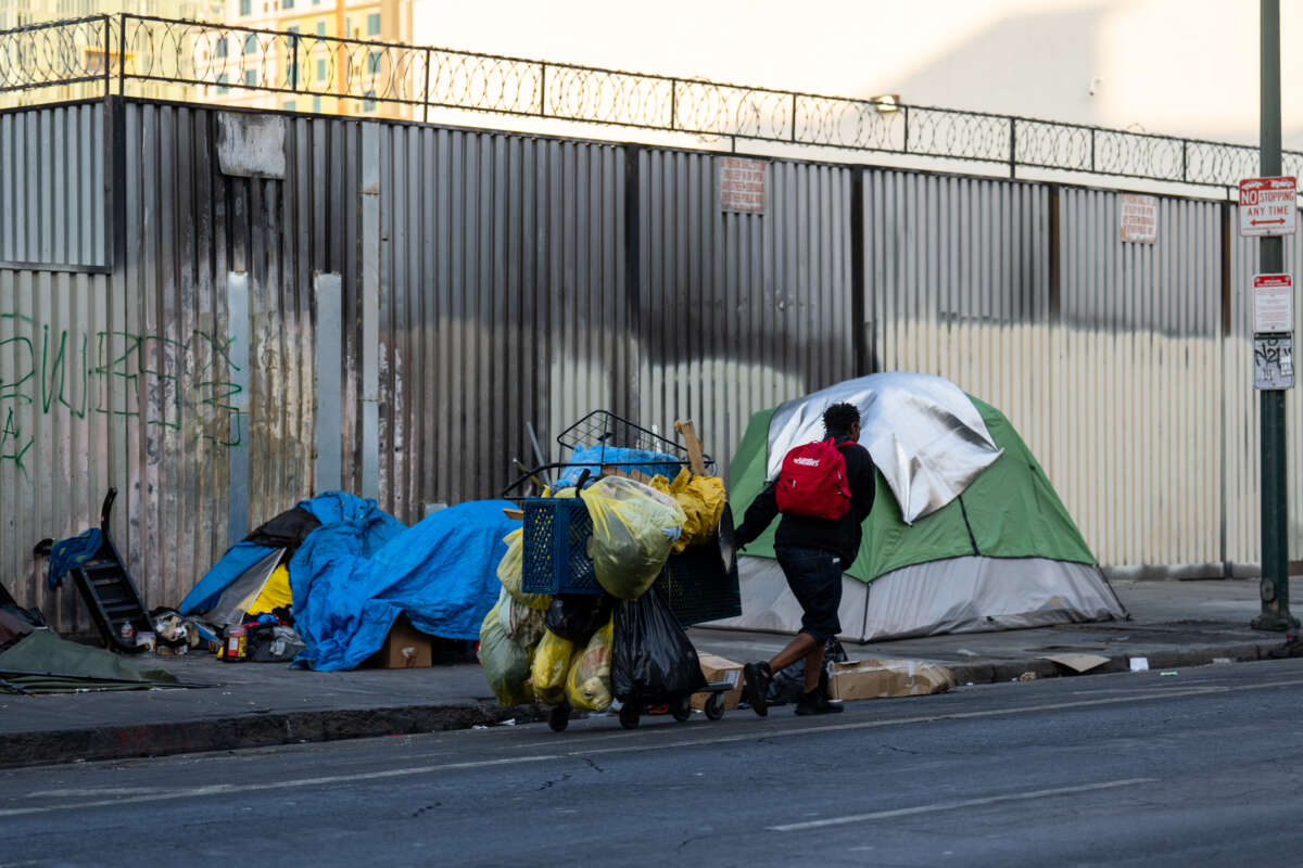Tents are seen on a sidewalk on August 6, 2025, in Los Angeles, California.