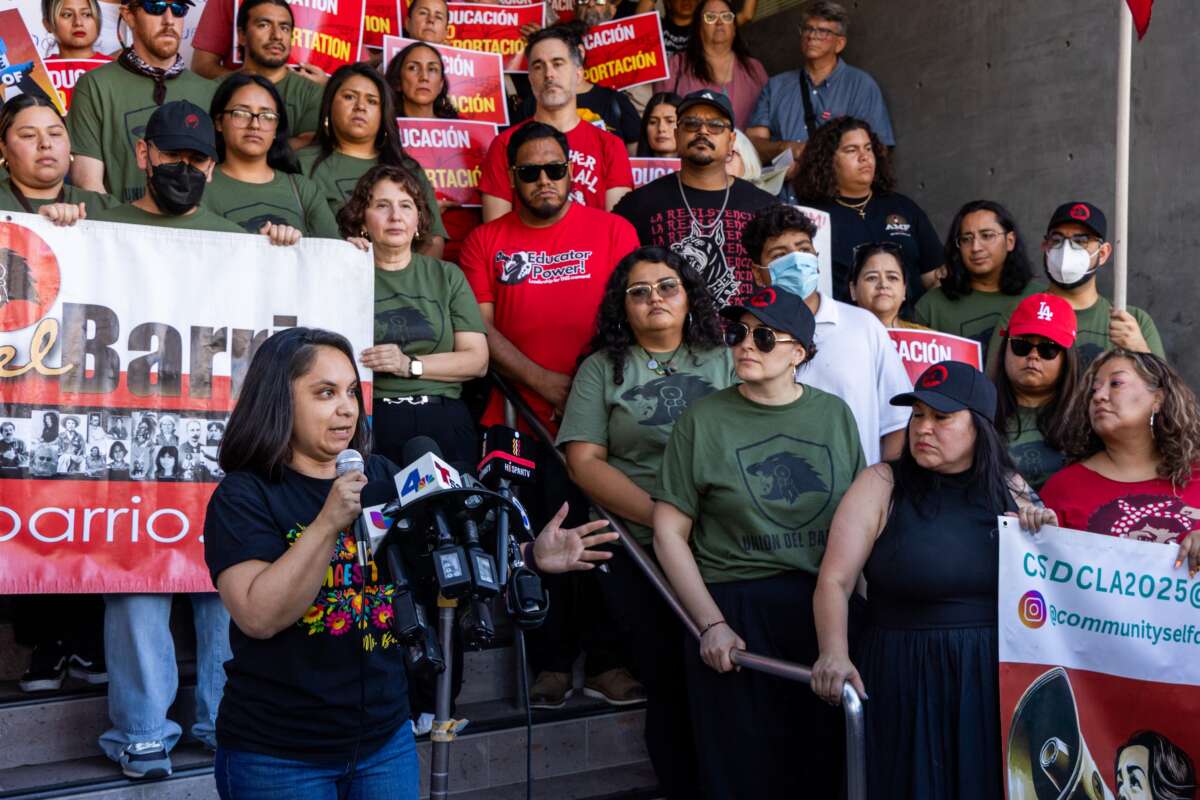 Teacher Lizette Becerra speaks at an August 19, 2025, rally at the Los Angeles Unified School District headquarters for Reseda Charter High School senior Benjamin Marcelo Guerrero-Cruz, who was abducted by federal agents on August 8.