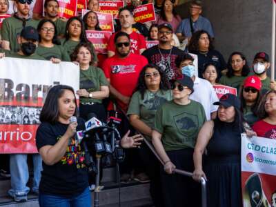 Teacher Lizette Becerra speaks at an August 19, 2025, rally at the Los Angeles Unified School District headquarters for Reseda Charter High School senior Benjamin Marcelo Guerrero-Cruz, who was abducted by federal agents on August 8.