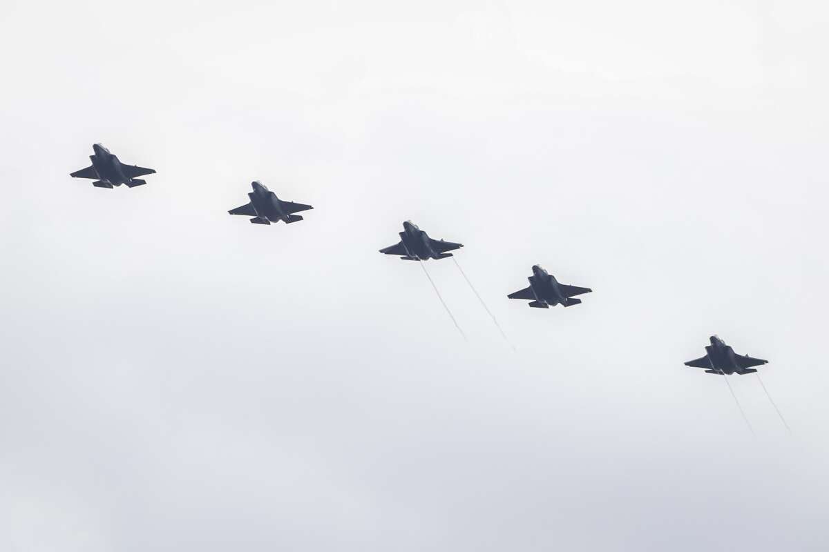 The U.S. Marines fly Lockheed Martin F-35B fighter jets over the Roosevelt Roads Naval Station in Ceiba, Puerto Rico, on September 14, 2025.