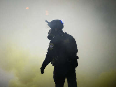 A federal agent walks through tear gas at the U.S. Immigration and Customs Enforcement building on October 18, 2025, in Portland, Oregon.