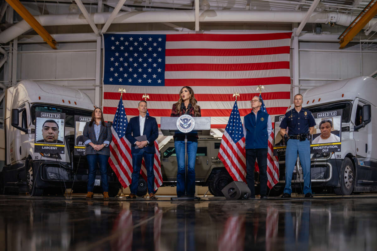 U.S. Secretary of Homeland Security Kristi Noem speaks during a press conference to discuss ongoing immigration enforcement efforts in Chicago and its suburbs on October 30, 2025, in Gary, Indiana.