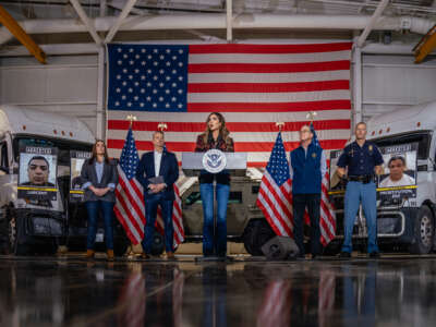 U.S. Secretary of Homeland Security Kristi Noem speaks during a press conference to discuss ongoing immigration enforcement efforts in Chicago and its suburbs on October 30, 2025, in Gary, Indiana.