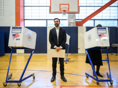 Mayoral candidate Zohran Mamdani and his wife, Rama Duwaji, vote at the Frank Sinatra School of the Arts in the Queens borough of New York City on November 4, 2025.