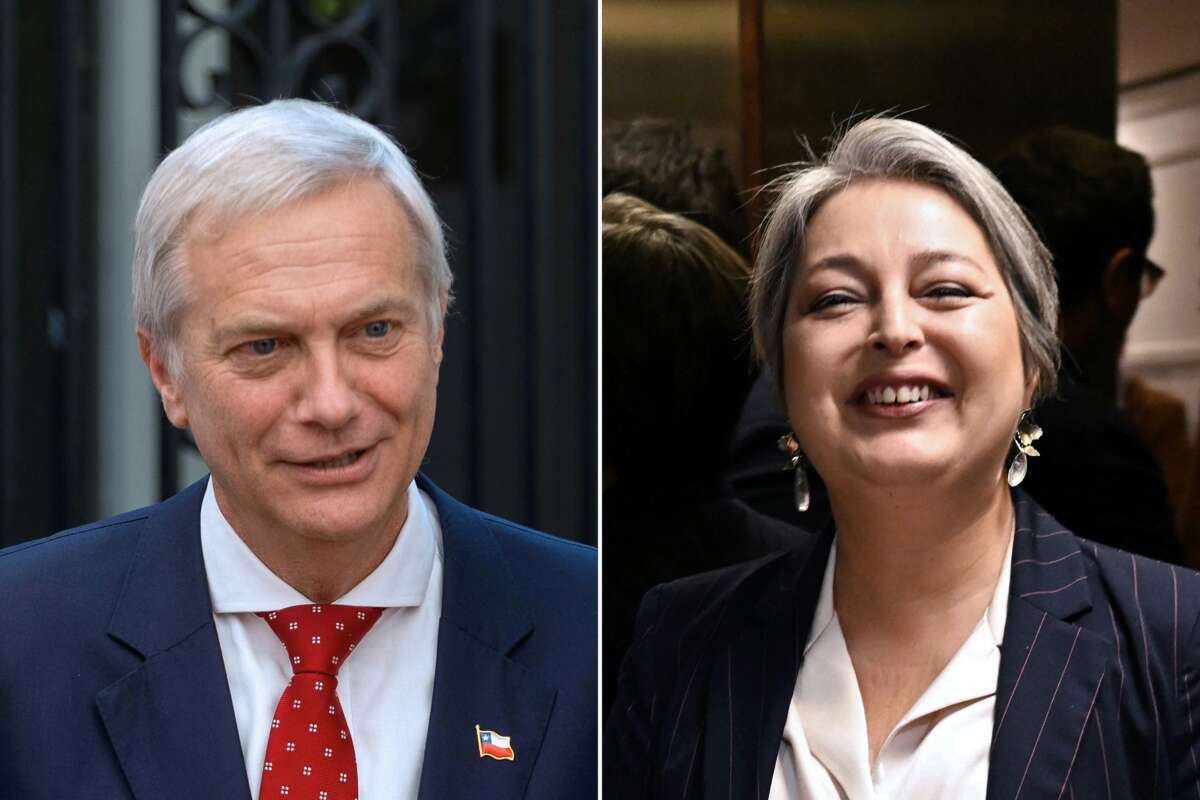 This combination of pictures taken in Santiago created on November 11, 2025, shows Chile's presidential candidates José Antonio Kast on October 29, 2025, and Jeannette Jara Román on October 15, 2025.