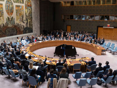 UN Security Council members vote on a draft resolution to authorize an “International Stabilization Force” in Gaza, authored by the U.S. at UN Headquarters.