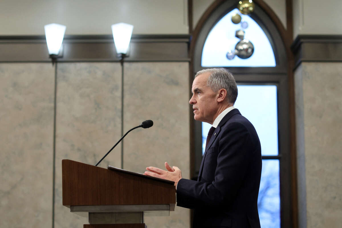 Canadian Prime Minister Mark Carney speaks at Parliament Hill, Ottawa, Ontario, Canada, on November 26, 2025.