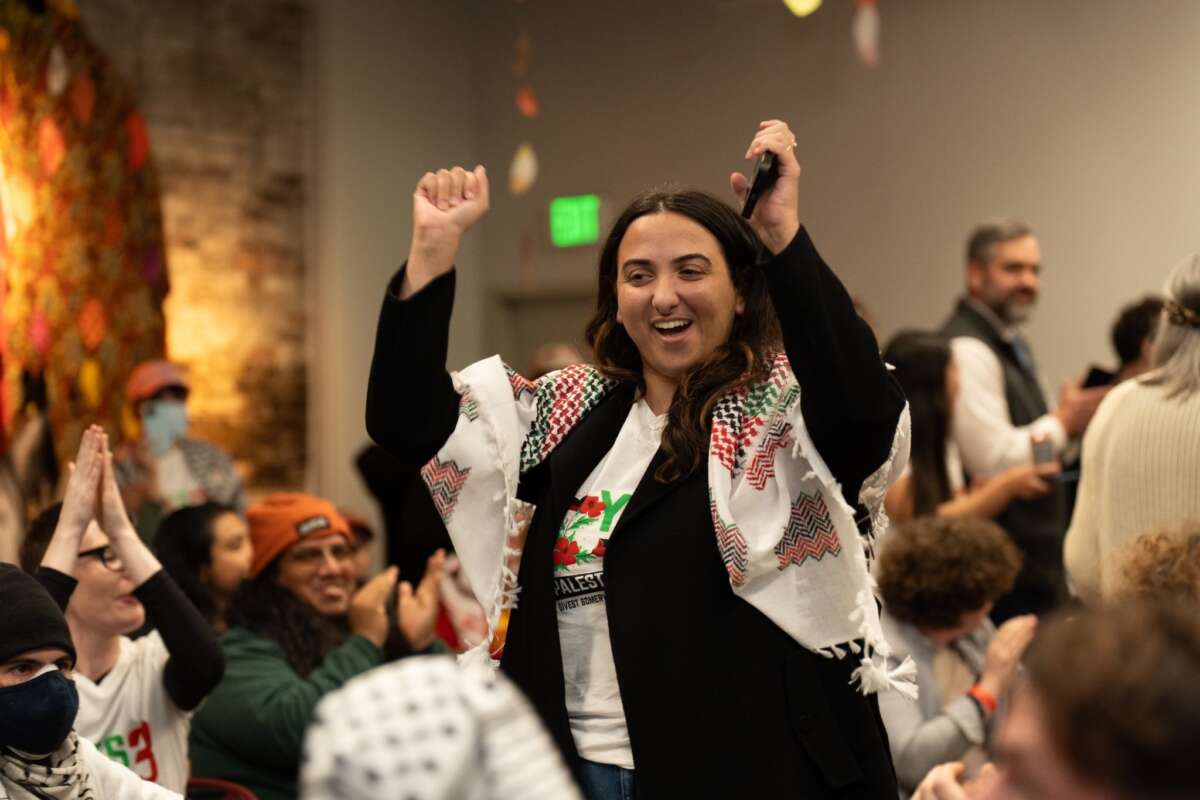 Mia Haddad, Palestinian-American leader of Somerville for Palestine celebrates Yes on 3 for Palestine victory.