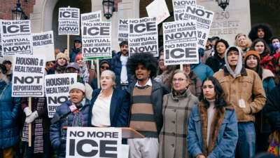 Community members protest the presence of ICE and hold a press conference demanding virtual hearings at the Garrahy courthouse in Providence, Rhode Island, on November 20, 2025.