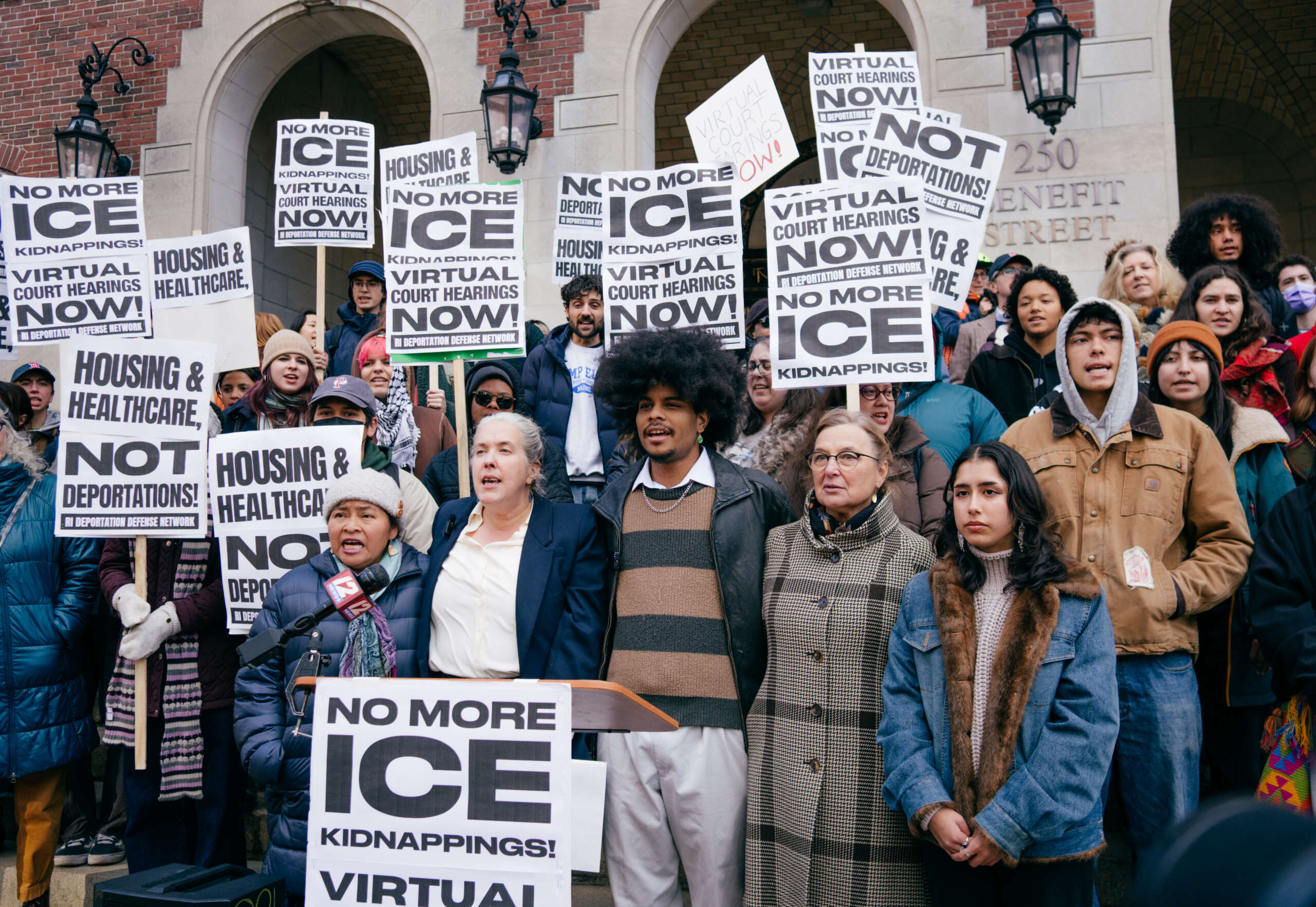 Community members protest the presence of ICE and hold a press conference demanding virtual hearings at the Garrahy courthouse in Providence, Rhode Island, on November 20, 2025.
