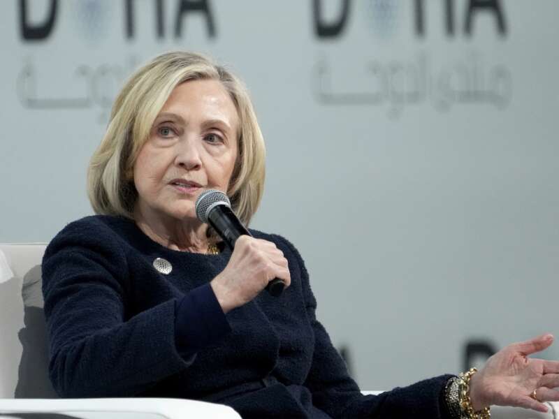 Former U.S. Secretary of State Hillary Clinton speaks during the Doha Forum in Qatar on December 7, 2025.