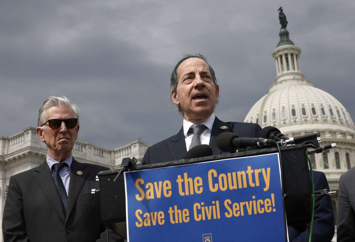 Rep. Jamie Raskin (D-Maryland) speaks alongside Rep. Don Beyer (D-Virginia) at a press conference on federal workforce rights outside the U.S. Capitol on March 28, 2025 in Washington, D.C.