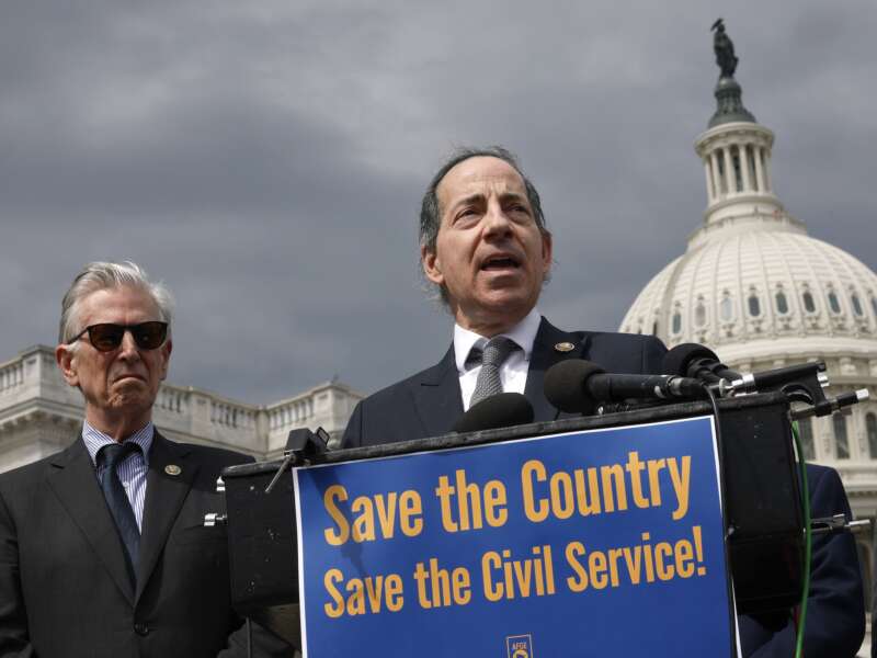 Rep. Jamie Raskin (D-Maryland) speaks alongside Rep. Don Beyer (D-Virginia) at a press conference on federal workforce rights outside the U.S. Capitol on March 28, 2025 in Washington, D.C.