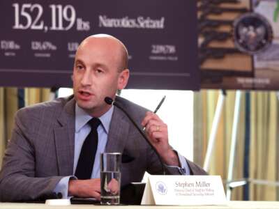 U.S. Homeland Security Advisor and White House Deputy Chief of Staff Stephen Miller delivers remarks as U.S. President Donald Trump delivers an announcement in the White House on October 23, 2025 in Washington, D.C.