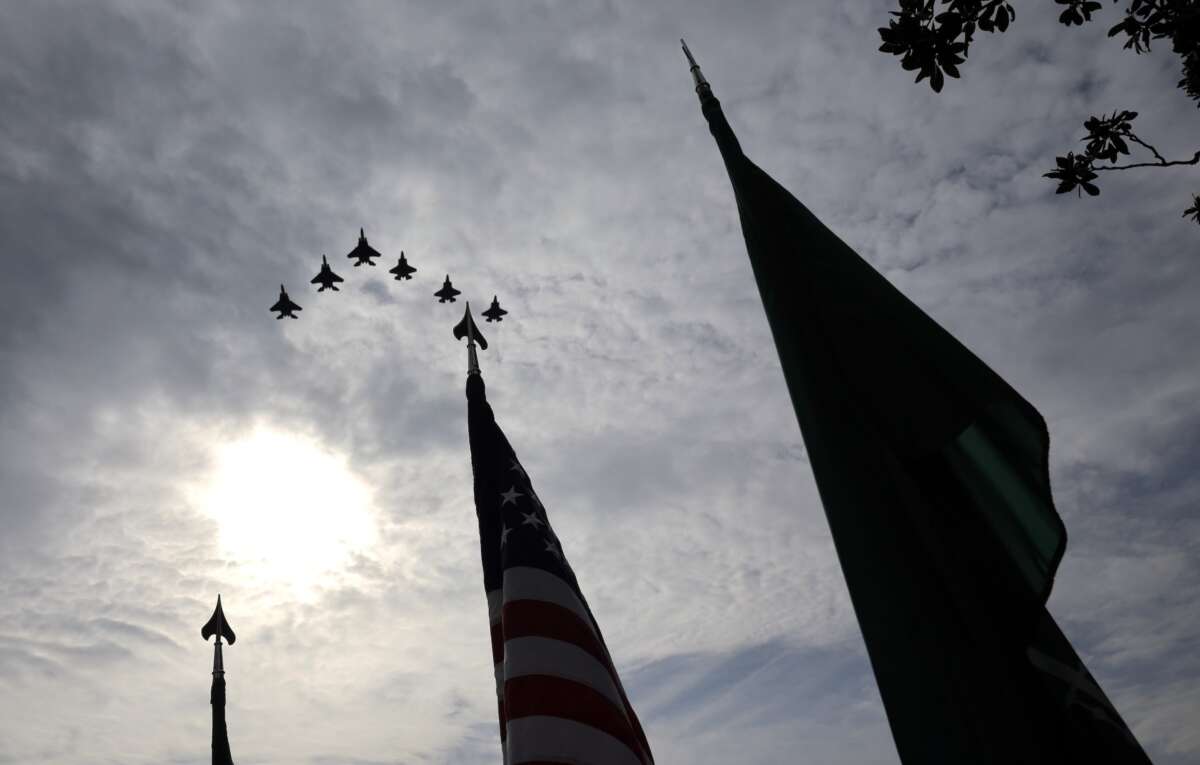 U.S. military jets perform a flyover during the arrival ceremony for Crown Prince and Prime Minister Mohammed bin Salman of Saudi Arabia at the White House on November 18, 2025 in Washington, D.C.