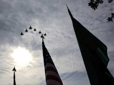 U.S. military jets perform a flyover during the arrival ceremony for Crown Prince and Prime Minister Mohammed bin Salman of Saudi Arabia at the White House on November 18, 2025 in Washington, D.C.