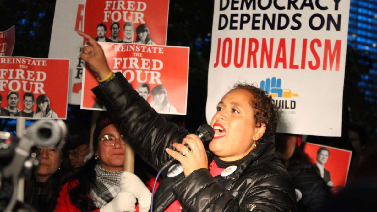 Susan DeCarava, President of NY NewsGuild-CWA, speaks during a rally with Condé Nast Union and the NewsGuild of NY to demand the reinstatement of 4 fired workers, on November 12, 2025, in New York City.