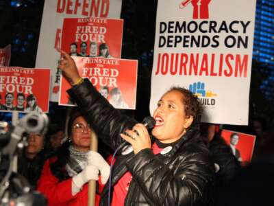 Susan DeCarava, President of NY NewsGuild-CWA, speaks during a rally with Condé Nast Union and the NewsGuild of NY to demand the reinstatement of 4 fired workers, on November 12, 2025, in New York City.