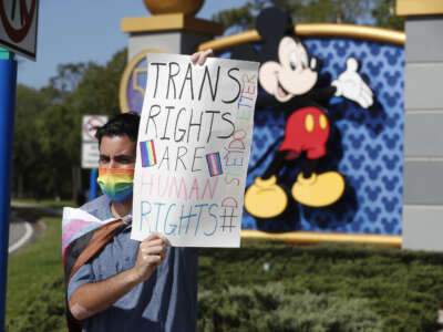 Disney employee Nicholas Maldonado holds a sign while protesting outside of Walt Disney World on March 22, 2022, in Orlando, Florida. Employees staged a company-wide walkout to protest Walt Disney Co.'s response to legislation passed in Florida known as the “Don’t Say Gay” bill.