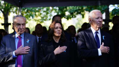 Senator Chuck Schumer, former Vice President Kamala Harris, and former President Joe Biden attend a remembrance ceremony on the 23rd anniversary of the September 11 terror attack on the World Trade Center at Ground Zero, in New York City, on September 11, 2024.