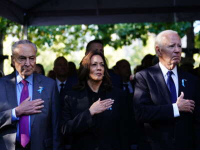 Senator Chuck Schumer, former Vice President Kamala Harris, and former President Joe Biden attend a remembrance ceremony on the 23rd anniversary of the September 11 terror attack on the World Trade Center at Ground Zero, in New York City, on September 11, 2024.