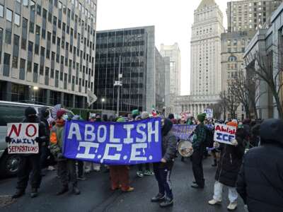 Protesters rally in New York on February 13, 2025, demanding the abolition of U.S. Immigration and Customs Enforcement and the immigration policies of Donald Trump.
