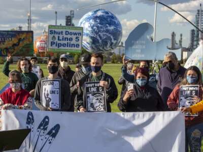 Environmental and Native American activists rally to shut down the Enbridge Line 5 oil pipeline in Detroit, Michigan.