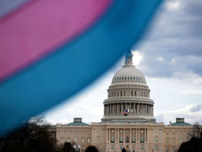 The U.S. Capitol Building is seen behind the Transgender Pride Flag during the Trans Day Of Visibility rally on the National Mall on March 31, 2025, in Washington, D.C.
