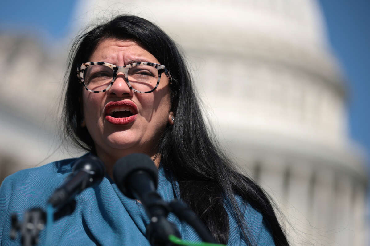 U.S. Rep. Rashida Tlaib speaks during a news conference on congressional oversight of homeland security in front of the U.S. Capitol on April 8, 2025 in Washington, D.C.