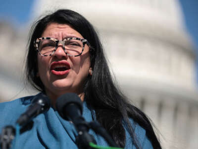 U.S. Rep. Rashida Tlaib speaks during a news conference on congressional oversight of homeland security in front of the U.S. Capitol on April 8, 2025 in Washington, D.C.