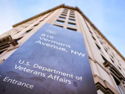 A sign marks the location of the U.S. Department of Veterans Affairs headquarters building on April 24, 2025, in Washington, D.C.