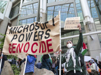 Pro-Palestinian demonstrators protest outside the Microsoft Build conference at the Seattle Convention Center in Seattle, Washington, on May 19, 2025.